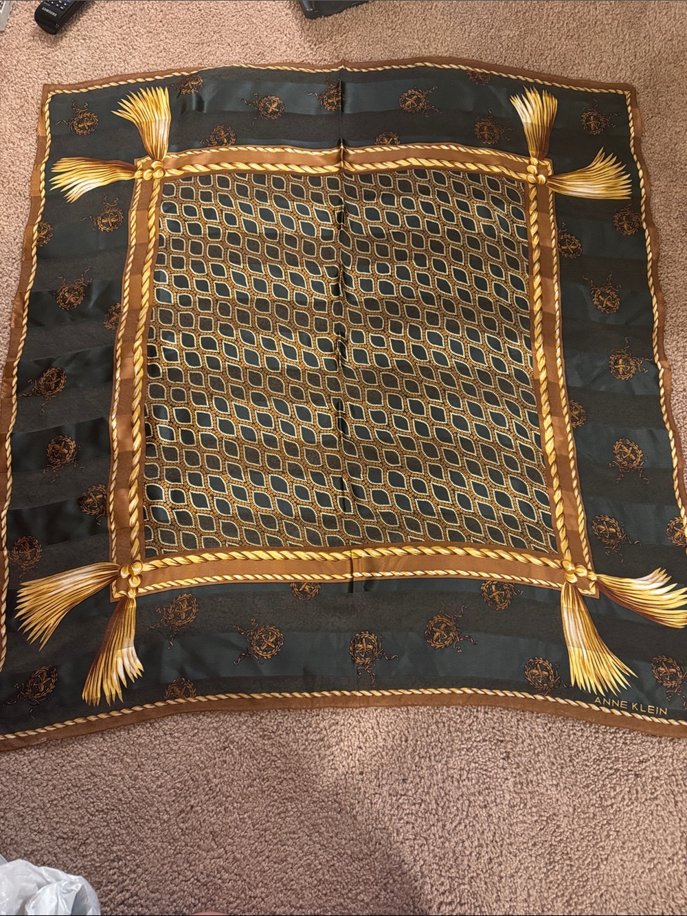 Anne Klein Dark Green and Gold Rope-Tassel Silk Scarf